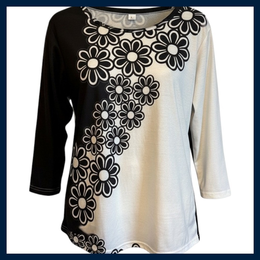 Black and White Floral Flower Print Long Sleeve Top, Womens Size L